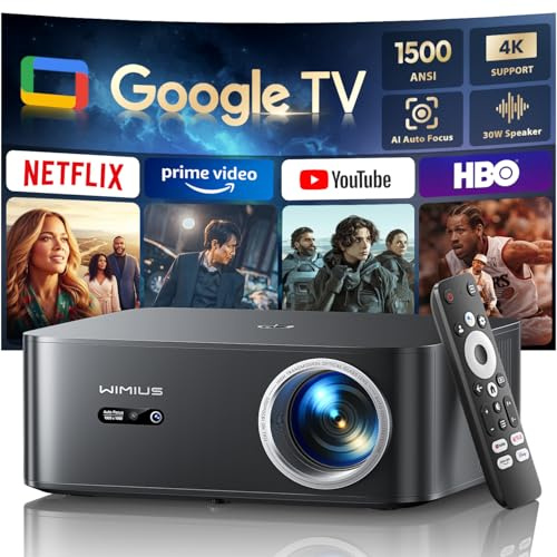 Projector【1500 ANSI/Google TV/Netflix Ready】WiMiUS 4K Projector for Bedroom Full HD 1080P, Auto Focus/Keystone, WiFi 6 & Bluetooth Smart Outdoor & Indoor Home Cinema Projectors