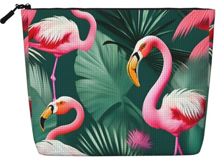 DRTGEDS Palm Leaf And Flamingos Couple Zippered Cosmetic Bag Large Capacity, Fake Hemp Travel Pouch Daily Use Women'S Organizer
