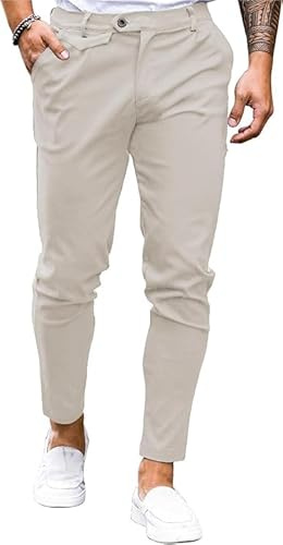 Runcati Mens Chinos Slim Fit Pants Flat Front Stretch Skinny Tapered Dress Pants Comfort Casual Solid Trousers, Beige, L