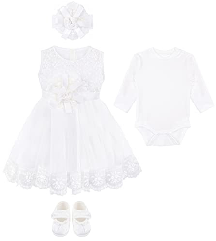Lilax Abito da battesimo in pizzo bianco per neonata, set deluxe da 4 pezzi, Bianco, 0-3 mesi