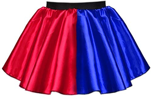Women’s Harley Skirt Red Blue - Four Styles - Harlequin Super Villain Halloween Fancy Dress Costume (L (30 Waist), Satin Red/Blue Skirt)