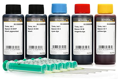 Octopus Fluids Tintenset kompatibel mit Epson 33, 5 x 100 ml | Passend für XP-530, XP-540, XP-630, XP-635, XP-640, als Vorratstinte für Büro, Fotos und Dokumente