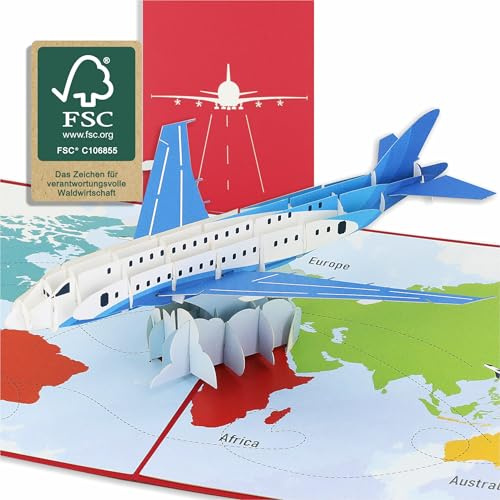 design3dkarten® Flugzeug, Pilot, Reisegutschein, Gutschein Flugreise, Urlaub, 3d Klappkarte, Pop Up Karte, Glückwunschkarte, Grußkarte, Geschenkkarte