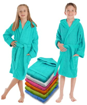LEBENGOOD - Barnbadrock unisex pojke flicka - 100% bomull OEKO-TEX®, frotté med huva, bälte, 2 fickor (14 År, Turkos)