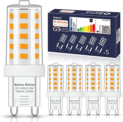 Belns Melns G9 LED Bulbs Dimmable Warm White 2700K, 3.5W 320LM SMD LED G9 Capsule Bulbs, 28W G9 Halogen Bulb Replacement Flicker Free Dimmable - Pack of 5