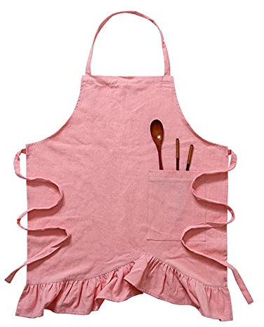 Baumwoll-Leinen-Schürze, Arbeitsschürze für Frauen, Latzkleid, Halfter, niedliche Schürze zum Backen, Koch, Gartenarbeit (Rosa Einheitsgröße)