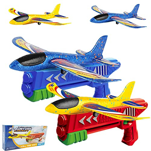 HETITU Flugzeug Spielzeug,2 Stück Styropor mit 2 Stück Katapult Pistole,Segelflugzeug Kinder Outdoor,Wurfgleiter Styroporflieger Katapult Pistole Kinderspielzeug