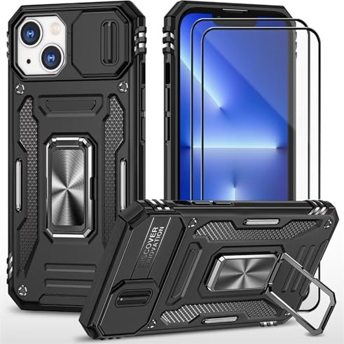 CLYDITE Cover per Iphone 14 Nero Custodia con Vetro Temperato [2 Pack] Fotocamera Slidable Antiurto Custodia Antiurto Grado Militare 360° Ring Supporto Silicone Custodie