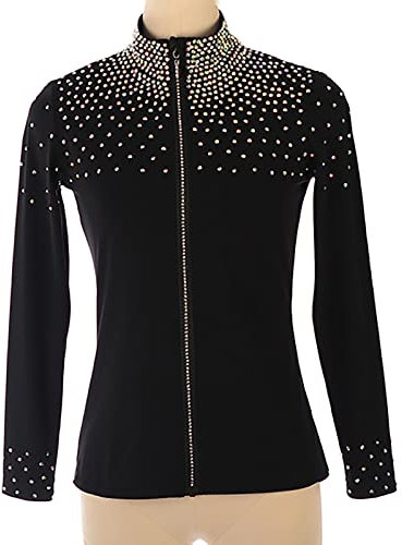 Youthful flying Damen Mädchen Eiskunstlauf Jacken mit Strass Lange Ärmel Performance üben Eislaufbekleidung mit Kristall(Size:M,Color:Schwarz)