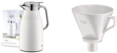alfi SKYLINE 1,0l, coconut white mat, Edelstahl-Isolierkanne & AROMA PLUS, weiß, Kaffeefilter aus Porzellan, für Filterpapier Größe 4, Handfilter für Thermoskanne, wiederverwendbar, spülmaschinenfest