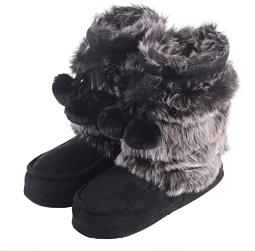 Home Slipper Warm Boots, Women's Cute High Top Indoor House Shoes, Long Fur Soft Sole Lace Pom Poms, US 5/6, Black Furry