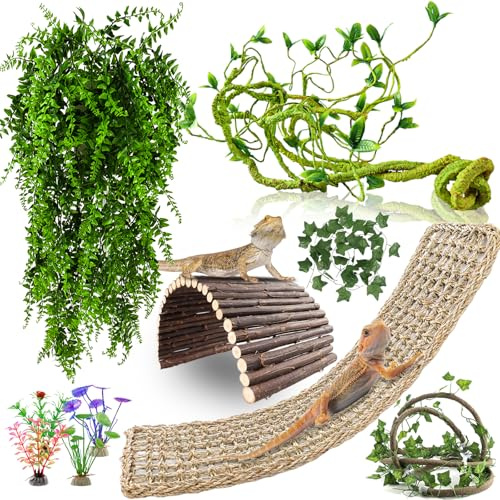RUNANIA Bearded Dragon Tank Accessories, 10 PCS Reptile Hammock Plants Bridge Jungle Climber Vines for Snakes Bearded Dragon Chameleon Gecko Lizard