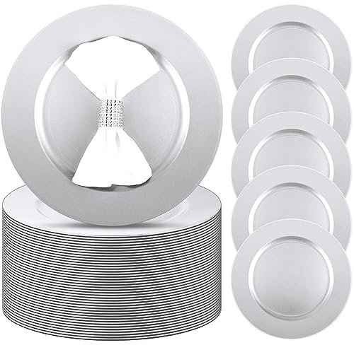 Tanlade 50 Pcs 13 Inch Charger Plates Bulk Round Wedding Chargers Plastic Dinner Plates for Table Setting Wedding Party Decoration (Silver White)