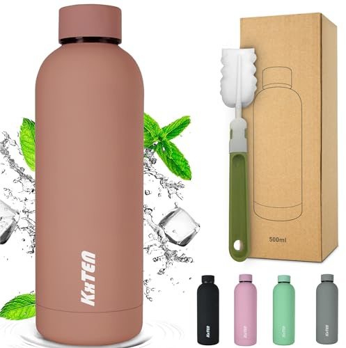 KxTEN Gummiisolierte Edelstahl Trinkflasche 500ml mit Flaschenbürste | auslaufsichere Thermosflasche | Sportflasche | Kohlensäure geeignet | isolierte Wasserflasche für Sport, Büro & Freizeit (Braun)