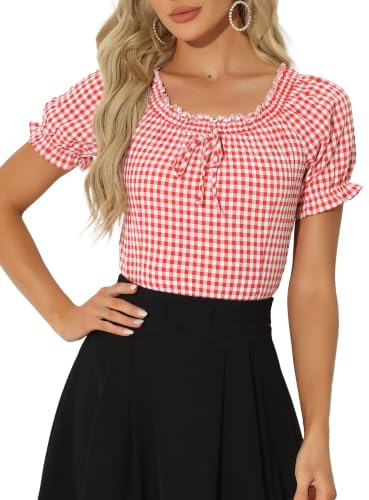 Allegra K Chemisier à carreaux vichy pour femme, haut paysanne à col rond à volants et manches bouffantes