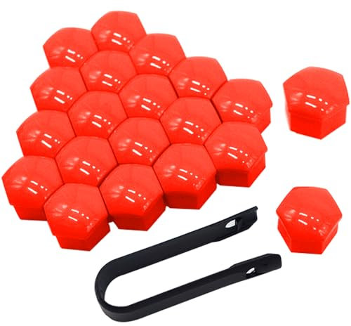 QitinDasen 20 Pezzi 21 mm Auto Ruote Copridado, Tappo Dado Bullone Ruota, Tappo a Vite Mozzo Ruote Auto Universale, Coperchio Dado Pneumatico Esagonali con Strumento di Rimozione (Rosso)