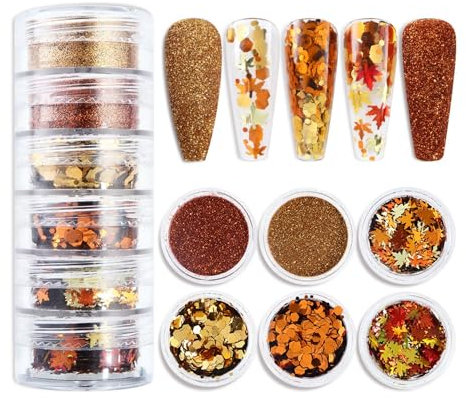 Fallen Ahornblatt Nail Art Pailletten,6 Box Glitter Pailletten Nagel Glitzer Chunky Glitzer Set Schillernde Glitzerflocken für DIY Design Nail Art Design