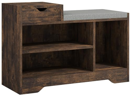 HOMCOM Shoe Storage Bench with Seating Cushion, Drawer, Rustic Brown | Shoe Rack Bench, 3 Open Compartments, Table Top, for Entryway, Hallway