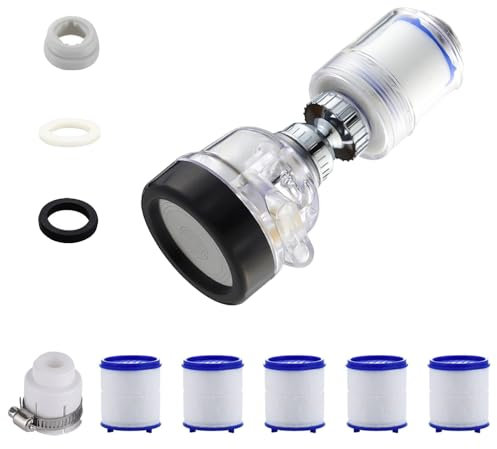 Faucet Water Filters Set 360 Degree Rotating Hard Water Filter Adjustable Splashproof Faucet Filter with 5 Pcs Filter Elements Water Purifier Chlorine Fluoride Heavy Metals for Kitchen Bathroom Sink