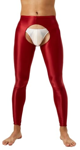 Sywiyi Nylonleggings för män, sexiga strumpbyxor i gren, öppna långa underbyxor, ouvert, underkläder, sexiga underkläder, slim fit, stretch, Burgund, M