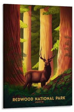 YQCQCS Redwood National Park Vintage Travel Poster Elk Sequoia Sempervirens Canvas Art Poster Picture Wall Decor Painting Posters Decorative Posters