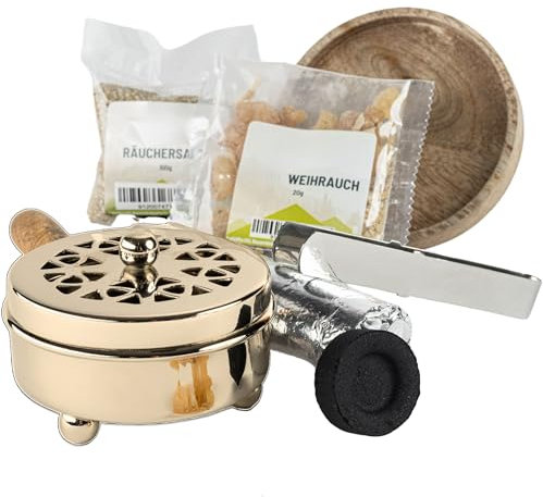 TRINTURA Räucherpfanne Set Gold Messing 6 teilig - Räuchergefäß zum Räuchern von Weihrauch, Harzen, inkl. Weihrauch, Räucherkohle, Räuchersand, Räucherzange