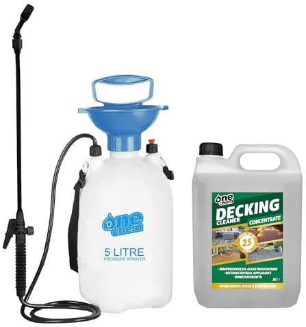 One Chem Decking Cleaner 5 Litre Concentrate + 5L Garden Sprayer, Cleans Mould, Algae and Dirt, Inhibits Regrowth, Makes up to 25 Litres
