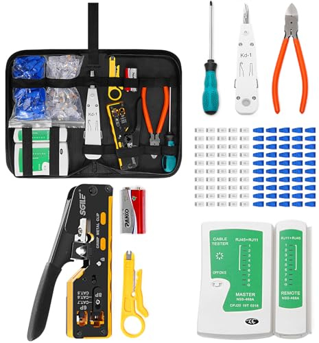 SGILE RJ45 Kit Herramientas Completo de Prensado, Cat5 Cat6 Cat7 Máquina Integrada Multifunción, Juego de Pruebas de Cable LAN de Mantenimiento Informático, 50 Conectores CAT6