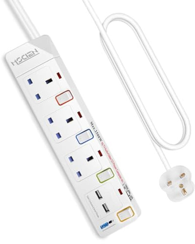 3 Way Extension Lead with 2 USB Slots, Mscien 3M Extension Lead, Multi Plug with Individual Switches Power Strips, Mountable Extension Cord for Home Dorm, White