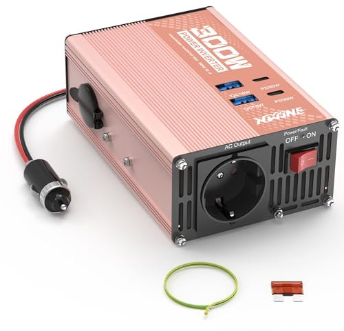 XWJNE 300W Inverter Auto 12V a 220V, Inverter con 1 Presa EU, 2 USB-A, 2 USB-C, Invertitore di Tensione Onda Modificata, Trasformatore per Laptop, Tablet, Smartphone, con Ventola e Protezione Multipla