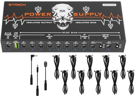 STRICH Guitar Pedal High Power Supply, 10 Totally Independent DC Outputs Pedalboard Power Supply for 9V/12V/18V (300mA/500mA) for Power High-current Effect Pedal, Noiselessly, SPS-60