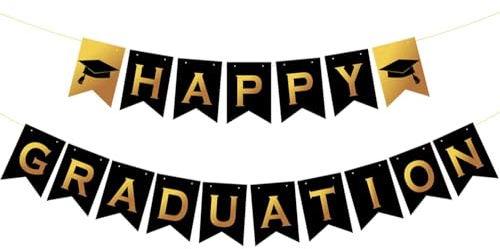 Happy Graduation Banner Bunting Grattis Klass 2025 Fotorekvisita Bakgrund för Examensfest Dekoration Svart Guld