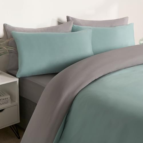 Brentfords King Size Duvet Cover Reversible Design, Microfibre Quilt Duvet Bedding Soft Cosy Comfy Luxury King Size Bedding Set with 2 Pillowcases, Duck Egg/Grey