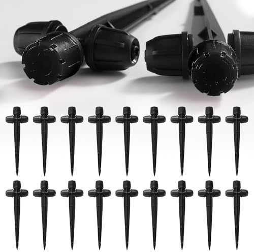 VooGenzek 18 PCS Adjustable 360 Degree Water Flow Drippers, 8 Hole Drip Emitters with Lock Barbed for 1/4 Inch Tubing, Drip Irrigation Emitter Sprayer with Stake, for Garden Irrigation System, Black