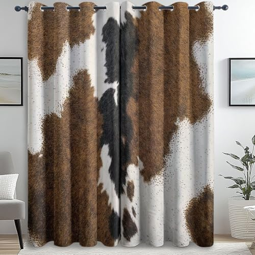 Blickdichte Vorhänge mit Ösen Textur Kuhfell Nahaufnahme H 245 x B 150 cm (2er Pack) Verdunkelungsvorhang Kälteschutz Vorhänge Dekoschal Deko Gardinen für Schlafzimmer Wohnzimmer Braunes Weiß