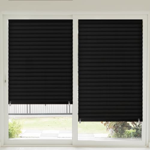 Threehoney 2 Pcs Black Temporary Blinds Cordless No Drill Cut to Size Fabric Paper Shades Adhesive Privacy Blind for French Door Sliding Door Window Light Filtering Pleated Shade (35 x 110 Inches)