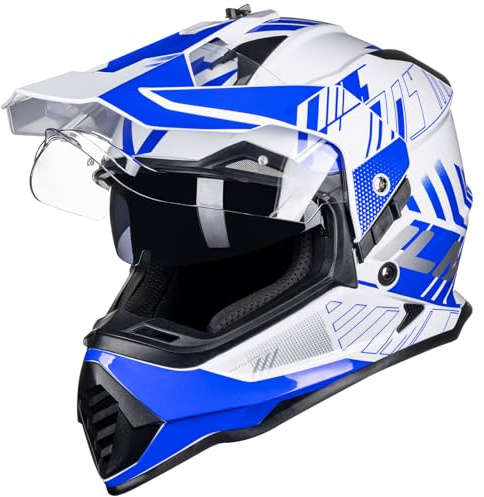 ILM Casque Moto Cross Homme Femme Casque Offroad ECE Homologué Casque VTT avec Double visière DH Enduro Quad Motocross WS902,Bleu Blanc,S