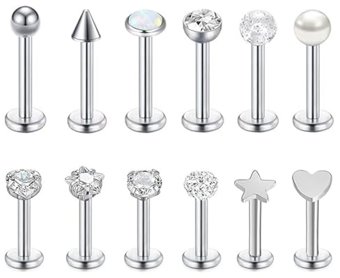 LOCCY 12 pièces Labret Levre Acier Inoxydable 16G, Labret Piercing Nez Studs lèvres Stud Labret Bars Tragus Helix Piercing Stud Piercing Bijoux pour Hommes Femmes (Argent-8mm)