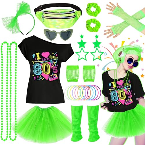 27 pièces accessoires de costume des années 80 - Robe de soirée disco des années 90 - Néon - T-shirt tutu - Bracelet fantaisiste - Sac banane - Ensemble de lunettes - Colliers - Jambières - Tenue pour