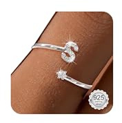 Maynor 925 Sterling Silver Rings for Girls Women A-Z Initial Cubic Zirconia Adjustable Rings from Sizes J½ to S Thumb Finger Ring Teen Girl Gifts