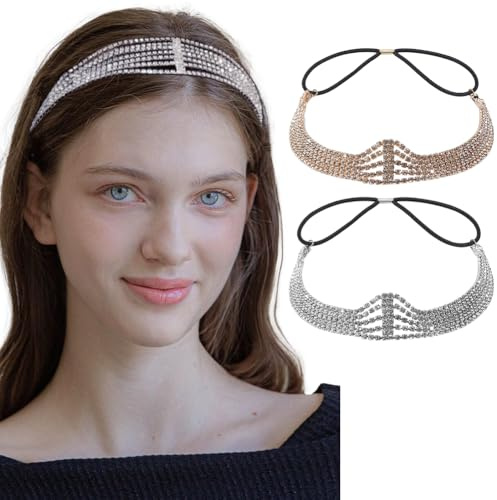 CRAFTYMELODY 2 pièce de Bandeau Élastique en Strass 2 couleurs Chaîne de Tête Superposée Rangées Scintillantes Bijoux de Cheveux pour Mariée