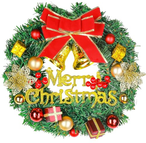 Flow fire 12Inch/30cm Christmas Wreath with Gold Ball, Red Ball and Bell, Xmas Wreath for Front Door, Wall, Window
