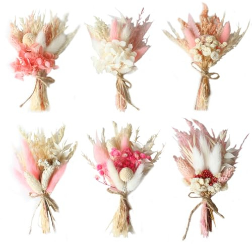 6 Bündel Trockenblumenstrauß Mini Echten Trockenblumen zum Basteln Boho Trockenblumenstrauß Rosa Klein Handgemachter Blumenstrauß Getrocknete DIY Trockenblumen Blumen Deko für Bilderrahmen