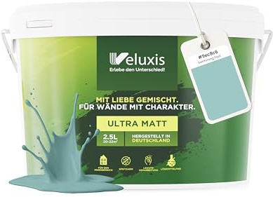 Veluxis Wandfarbe Türkis Blau Mintgrün matt 2,5 L – Swimming Pool | Innenfarbe mit Deckkraft Klasse 1, VOC-frei, ohne Grundierung, tropfarm, für Wohnzimmer und Schlafzimmer
