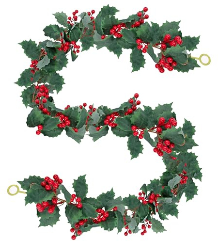 Guirnalda Navidad Bayas Rojas, 172cm Guirnalda de Bayas Artificiales con Hojas de Acebo, Decoración para Árbol de Navidad, Interior Exterior, Invierno, Escalera, Chimeneas, Verde/Rojo