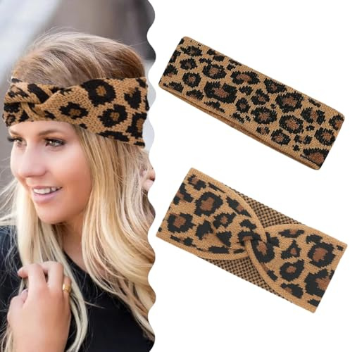 Bandeau Cheveux Femme, 2 Pièces Bandeau imprimé léopard, Femmes Chaud Tricoté Bandeau Hiver, Femme Crochet Tricot Turban Bandeaux Bande de Cheveux Chauffe Oreille, Pratique Cadeau de Noël