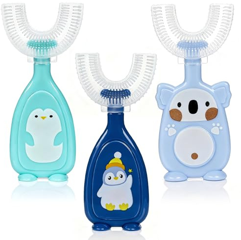 3 Pezzi Spazzolino Manuale Denti Bambini, a Forma di U, 360 Gradi per la Pulizia Orale, a Bocca Intera con Testina in Silicone Morbido(2-6 Anni, Blu)