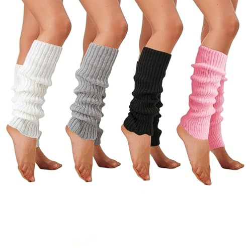 ZocRjvN 4 Paar Strick Stulpen, Leg Warmers Damen, Beinwärmer Für Retro Style, 90er Jahre Outfit, Overknee Strümpfe, Warm Und Bequem, Schwarz, Weiß, Grau, Rosa