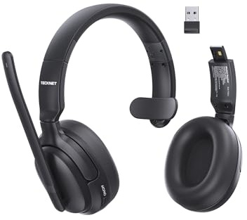 TECKNET Wireless Headset, V5.4 Bluetooth Headset mit Mikrofon, Mono/Stereo 2-in-1, 65+ Std. Akku, Over-Ear Headset mit USB-A Empfänger, Kabellos Kopfhörer Für Büro/Trucker/Fernarbeit/Callcenter