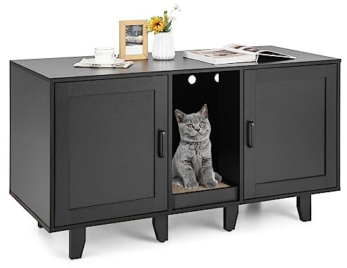 COSTWAY Meuble Litière Chat en Bois Double Porte 3 en 1, Planche à Griffer, 6 Pieds Surélevés Amovibles, 6 Passe-Câble, Maison de Toilette Chat, 120 × 52 × 65 CM (Noir)